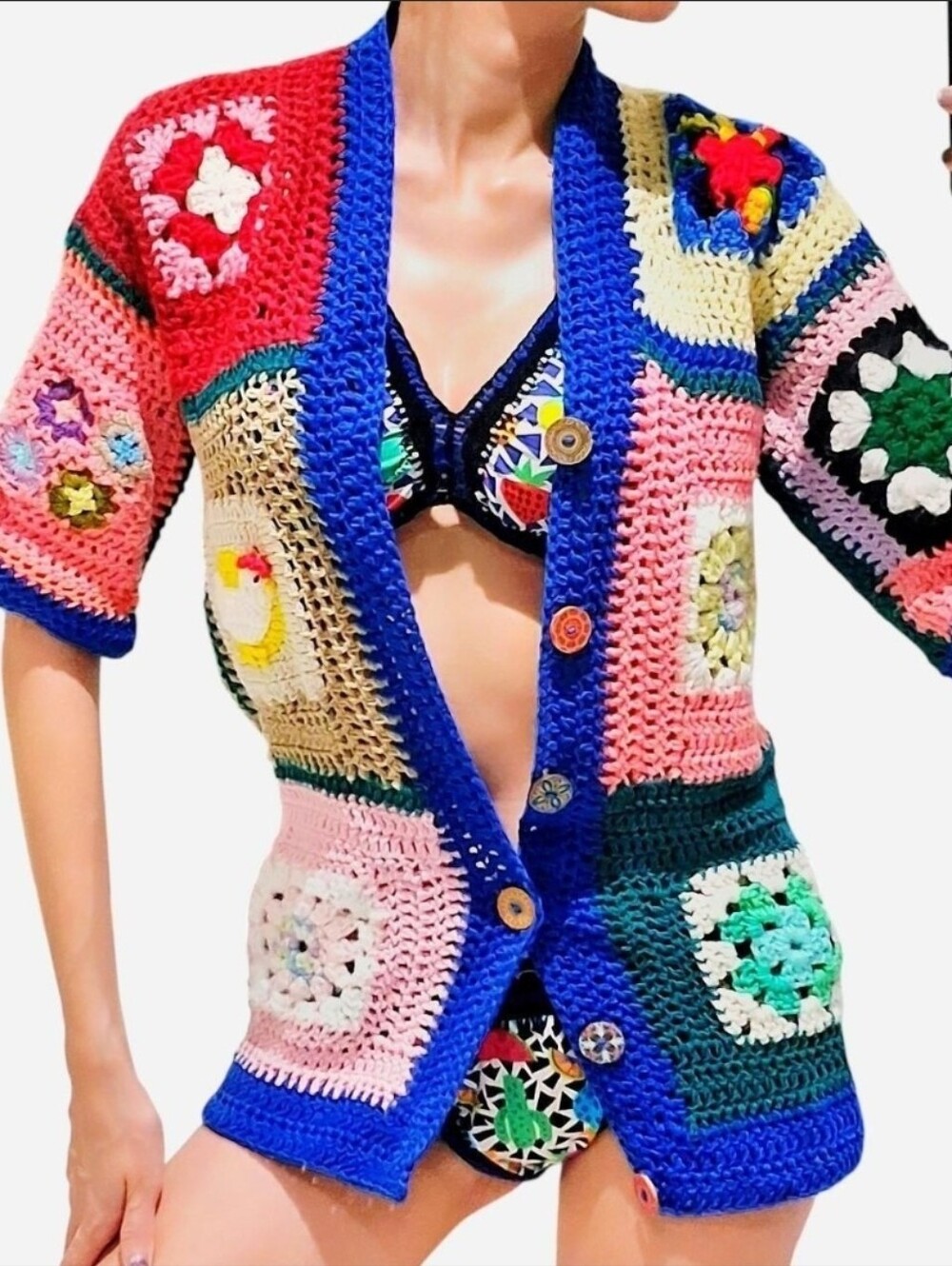Vintage handmade crochet granny square cardigan multicolor patchwork size S/M